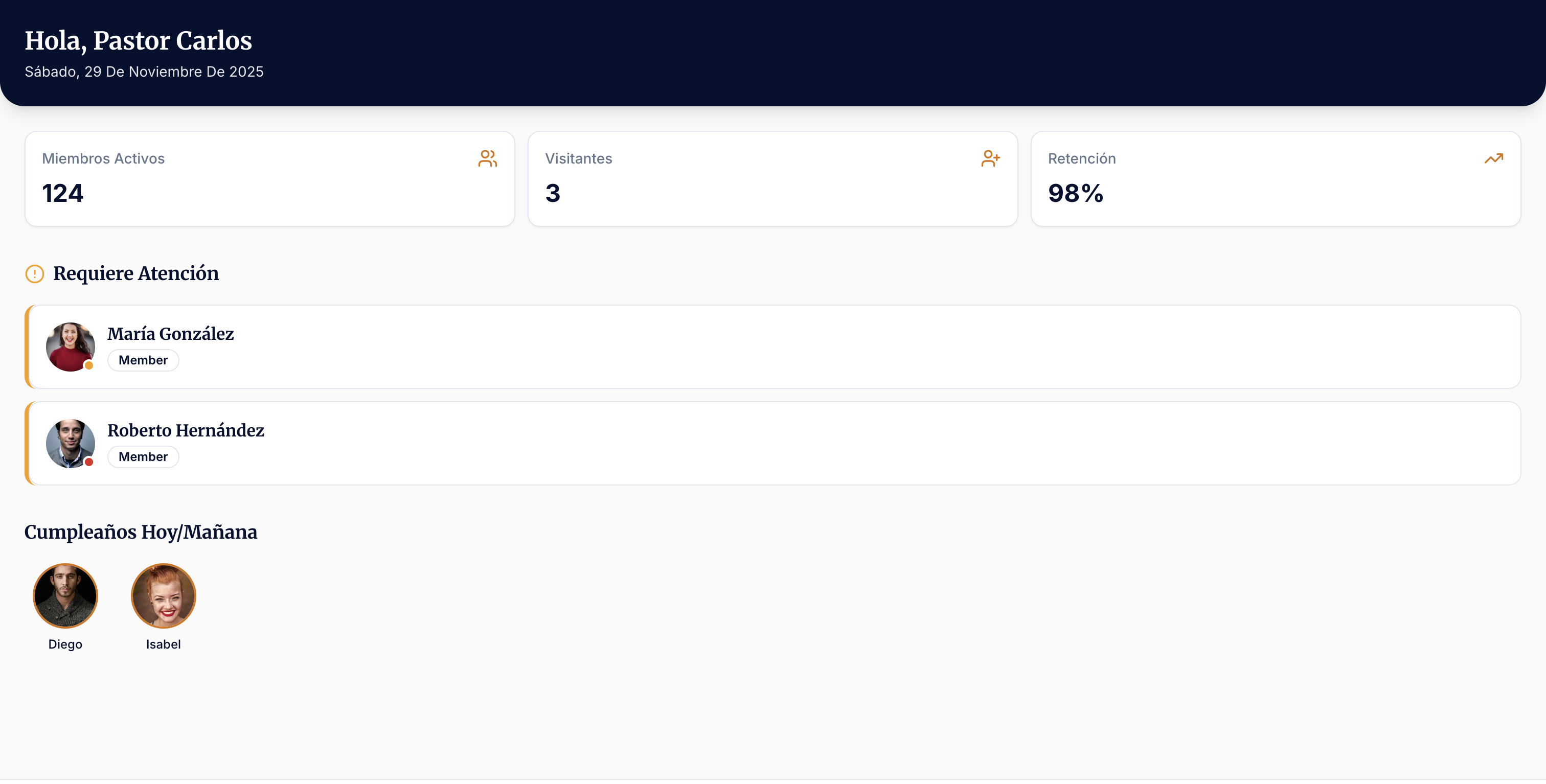 Dashboard de Nodux.church mostrando alertas de atención y cumpleaños