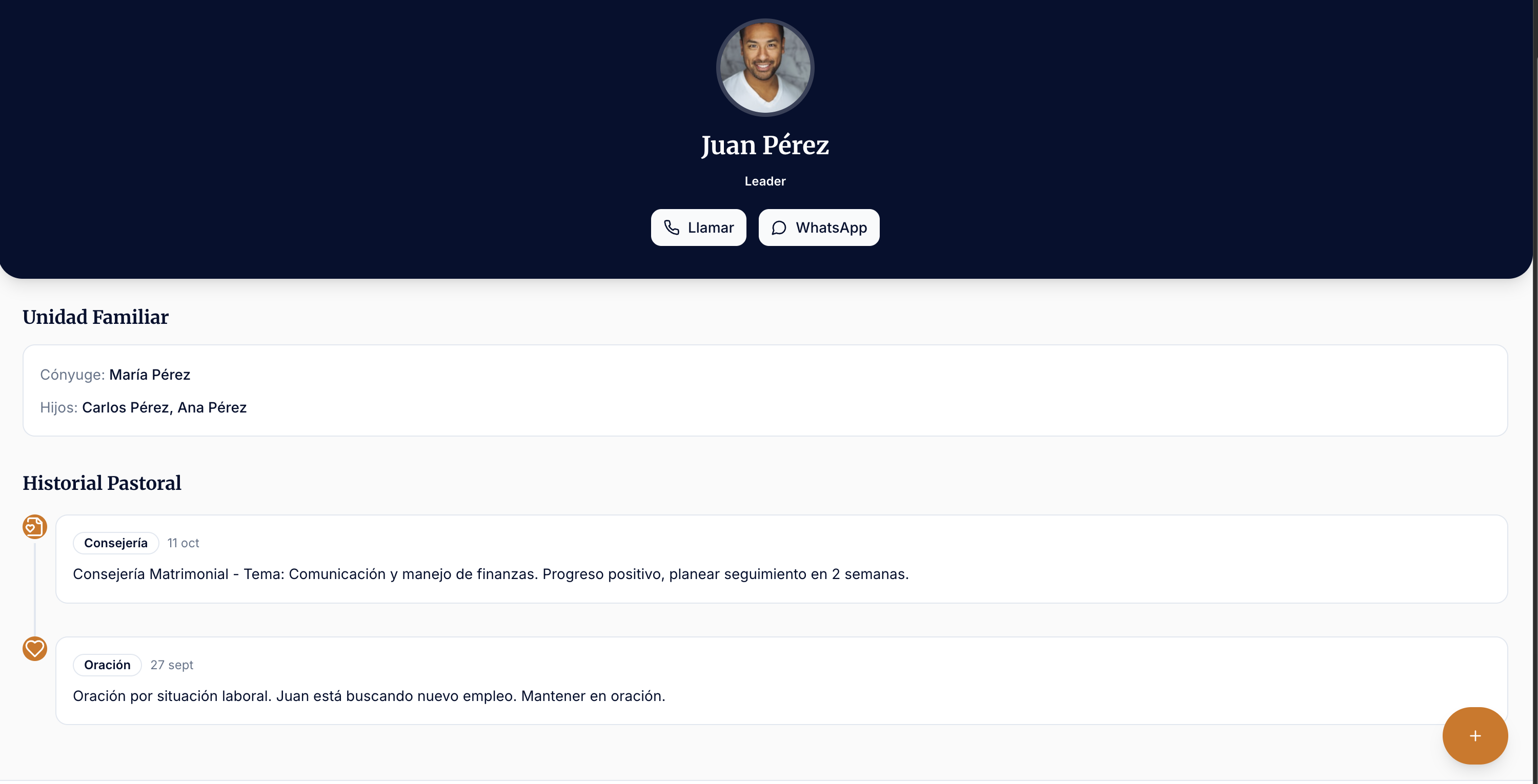 Perfil de miembro en Nodux.church con historial de consejerías y visitas